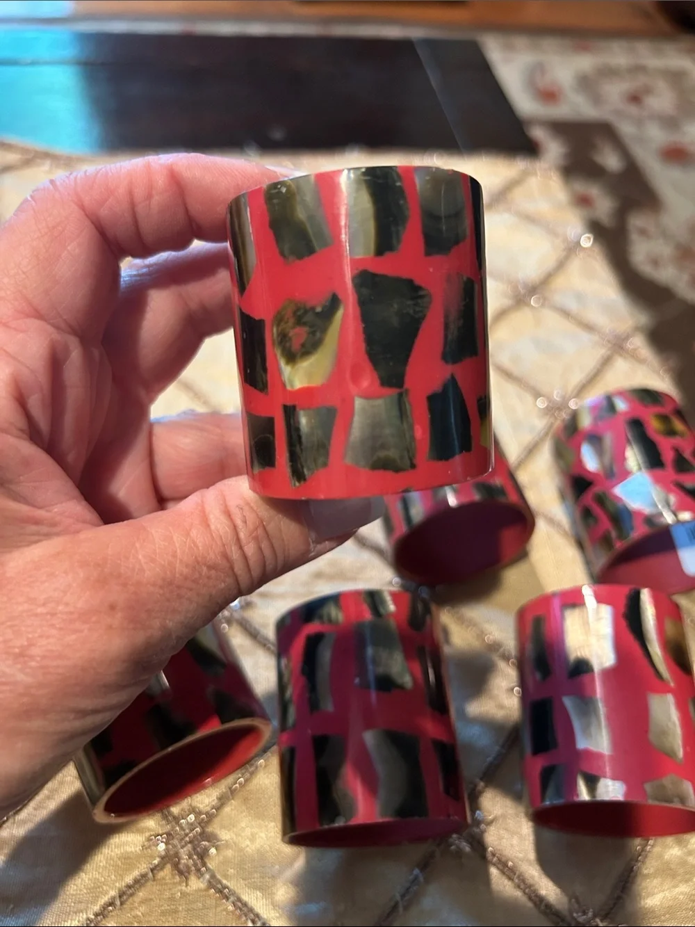 Set of 7 Red and Black Decorative Napkin Rings